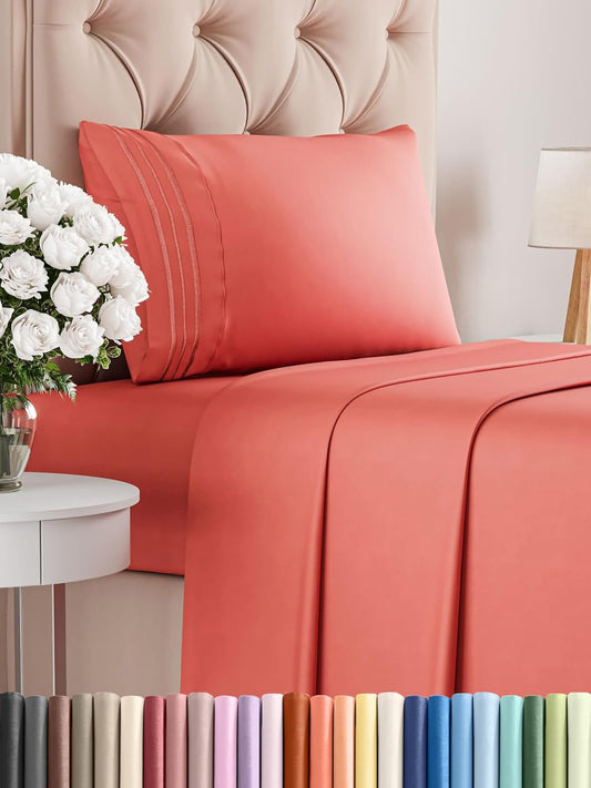 Twin XL Size 3 Piece Sheet Set - Comfy Breathable & Cooling Bed Sheets Set - Hotel Luxury Bedding for Women, Men, Kids, Teens, Boys & Girls - Deep Pockets, Ultra-Soft, Wrinkle Free - Oeko-Tex - Coral