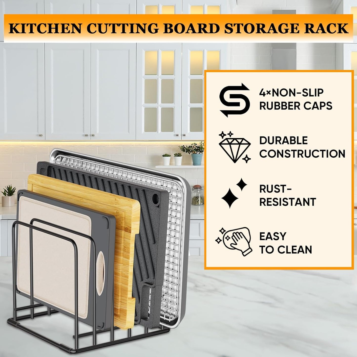 Kitchen Organizer Rack - 5-Slot Heavy-Duty Cutting Board and Bakeware Holder, Rust-Resistant with Anti-Slip Feet for Countertop or Cabinet Storage