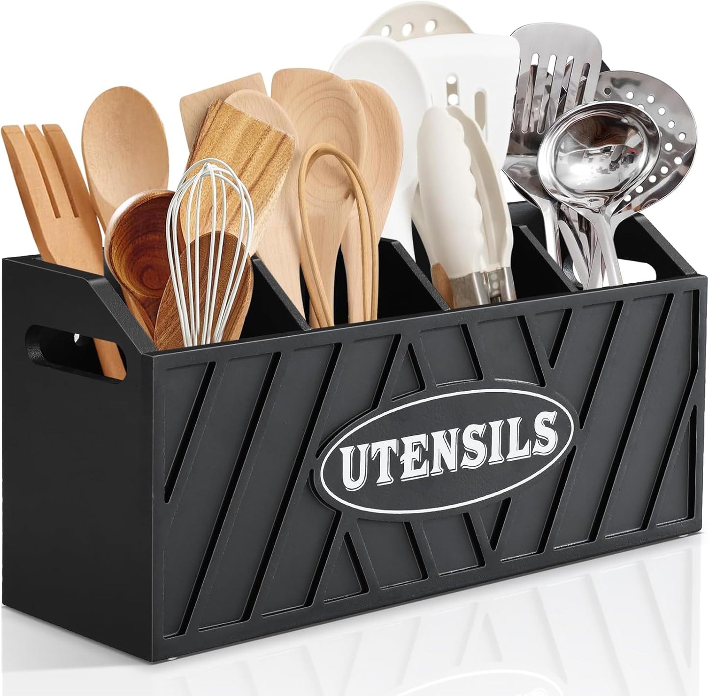 Large Wooden Utensil Holder, Black, 4 Compartments, Countertop or Wall Mount, Kitchen Gadget Organizer