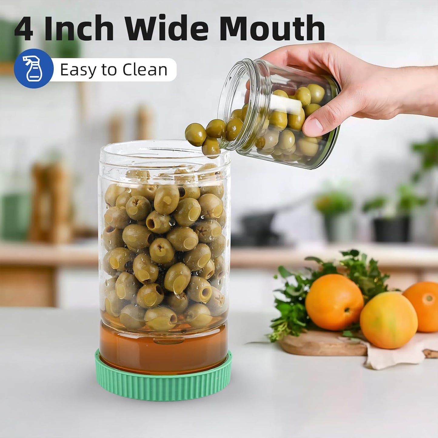 Glass Pickle Jar with Strainer Flip, 40oz Hourglass Airtight Container, Easy Open Refrigerator Storage Pickles Juice Separator for Olive Jalapeno Gherkin, Green