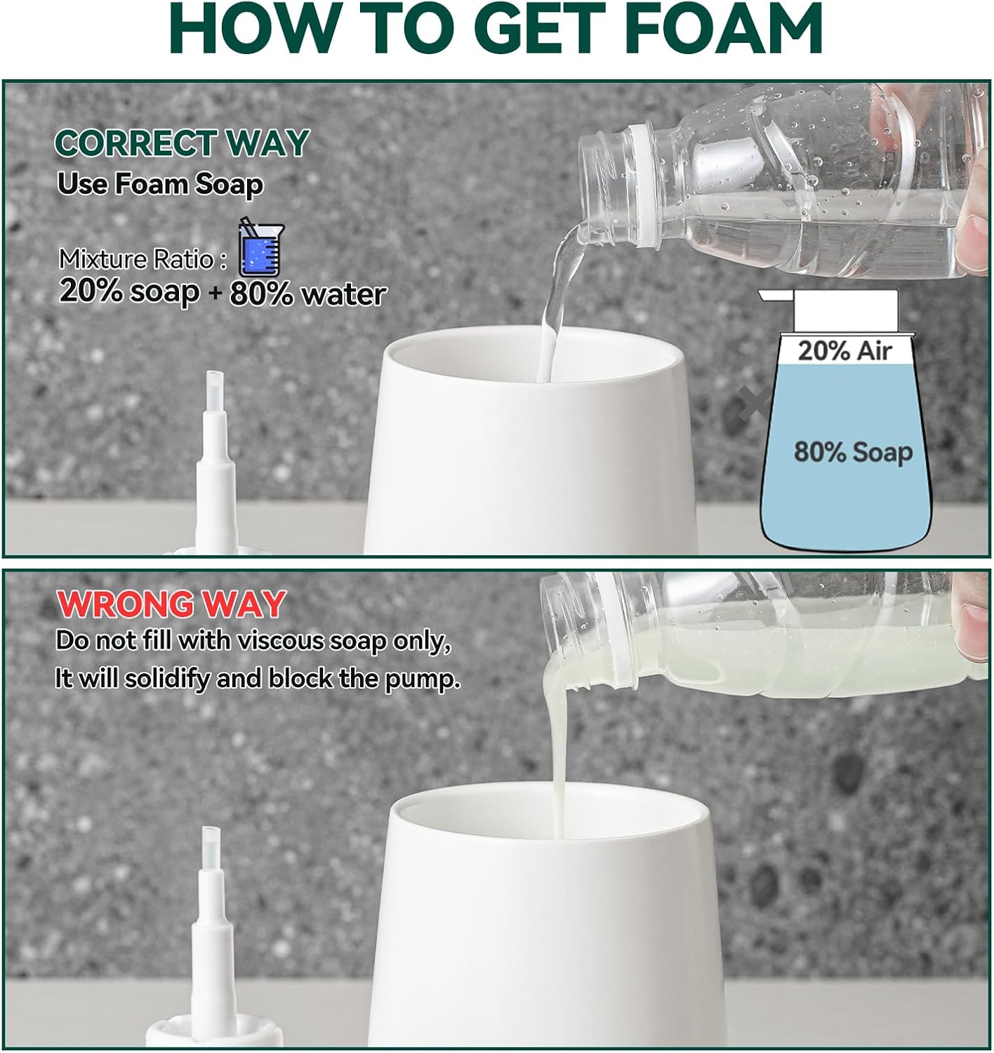 Foaming Soap Dispenser Set - 2 Pack White Ceramic Foam Hand Soap Dispenser for Bathroom, Hand Wash Dispenser Bottle with Foam Pump for Kitchen, 12 Oz Refillable Dish Soap Foam Dispenser 2 Pcs