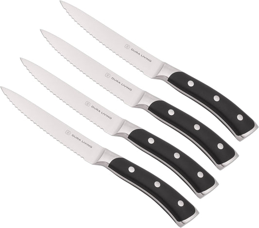4-Piece Serrated Kitchen Steak Knife Set – Forged High Carbon Stainless Steel, Ultra Sharp, Ergonomic Black Handles, Durable Dinner Knives, Black Handle