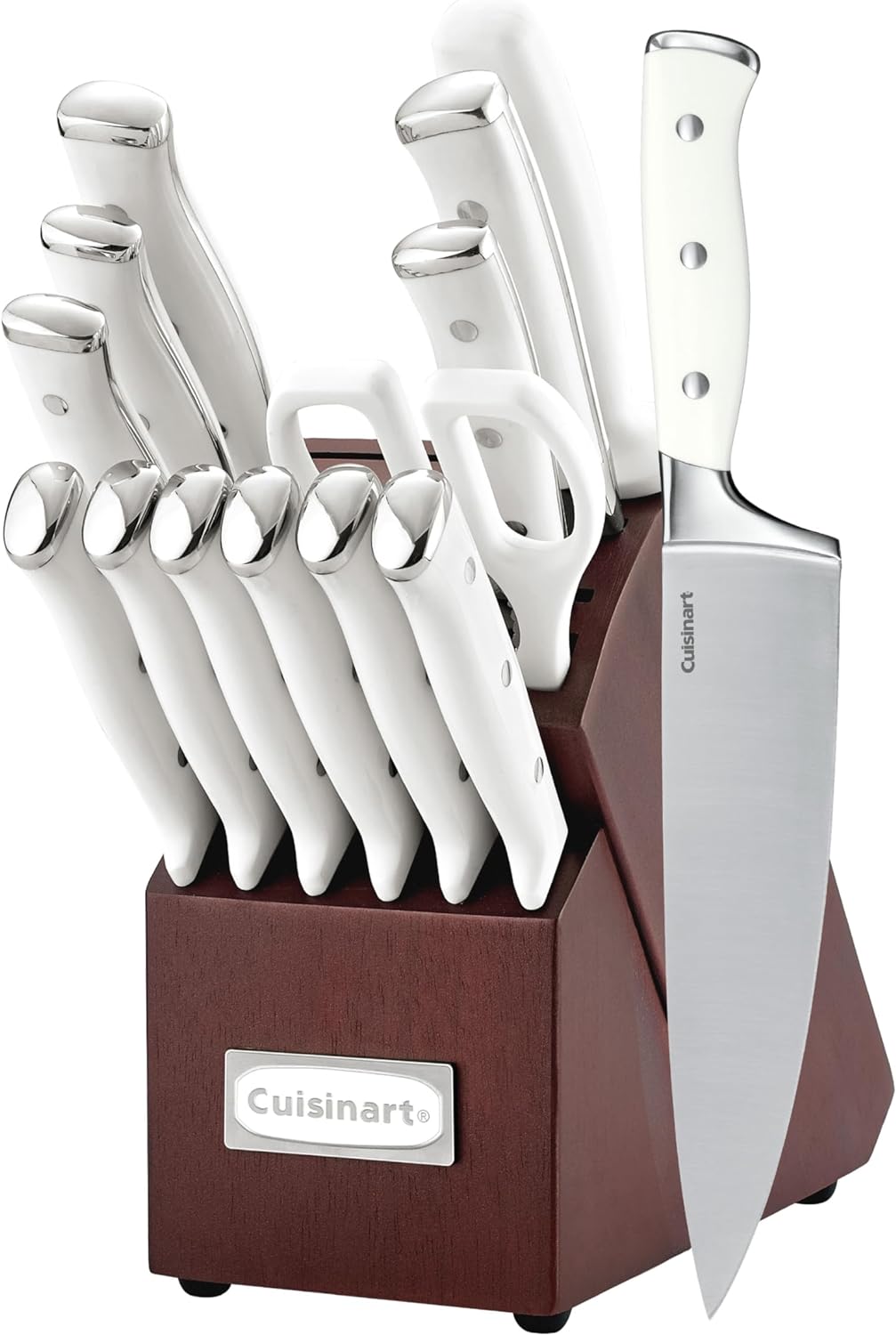 Cuisinart 15-Piece Knife Set with Block, High Carbon Stainless Steel, Forged Triple Rivet, White/Cherry C77WTR-15PCW