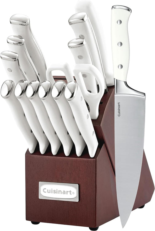 Cuisinart 15-Piece Knife Set with Block, High Carbon Stainless Steel, Forged Triple Rivet, White/Cherry C77WTR-15PCW
