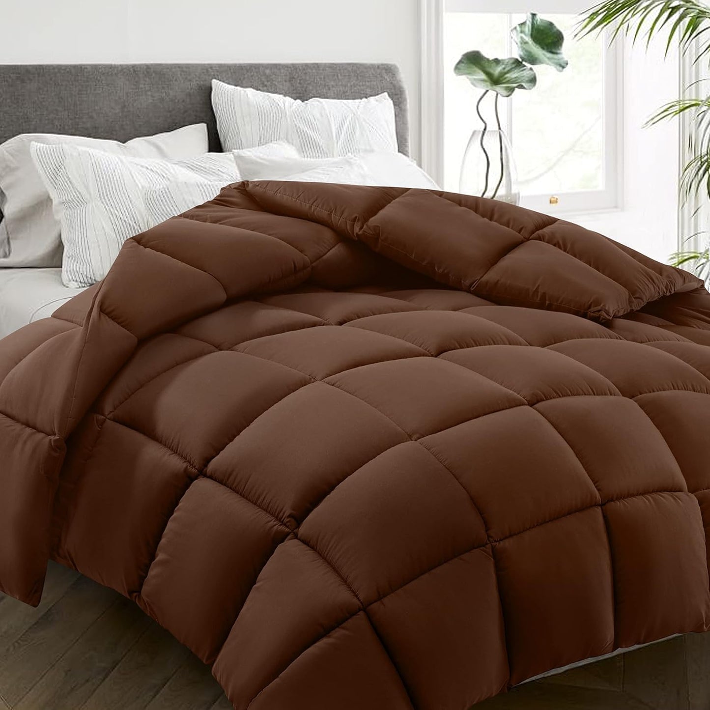 HYLEORY All Season Twin Size Bed Comforter - Cooling Down Alternative Quilted Duvet Insert with Corner Tabs - Winter Warm - Machine Washable - Mocha Coffee