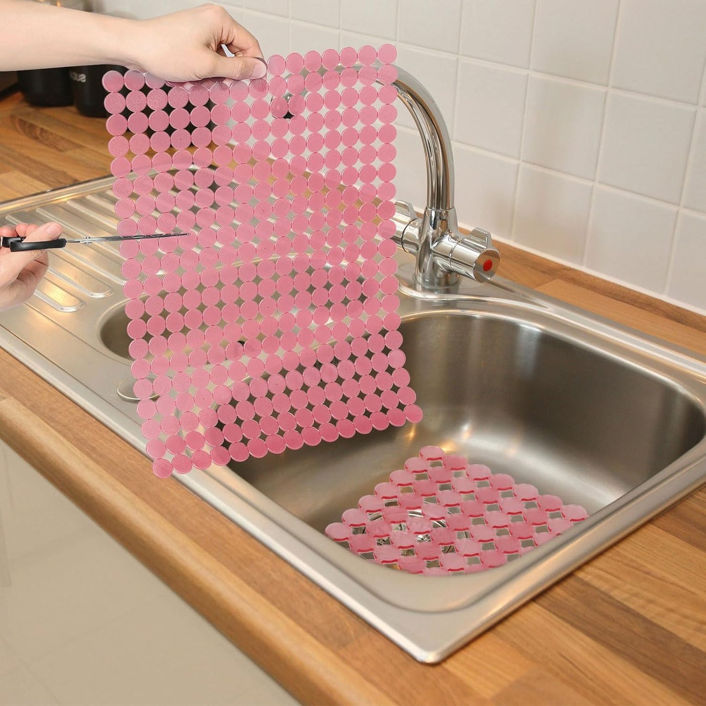 Qulable 2Pack Kitchen Sink Mat for Stainless Steel/Ceramic Sinks, PVC Eco-friendly Protectors for Bottom of Kitchen Sink, Adjustable, Fast Draining, Dots Design, 11.8x15.7 (Pink)
