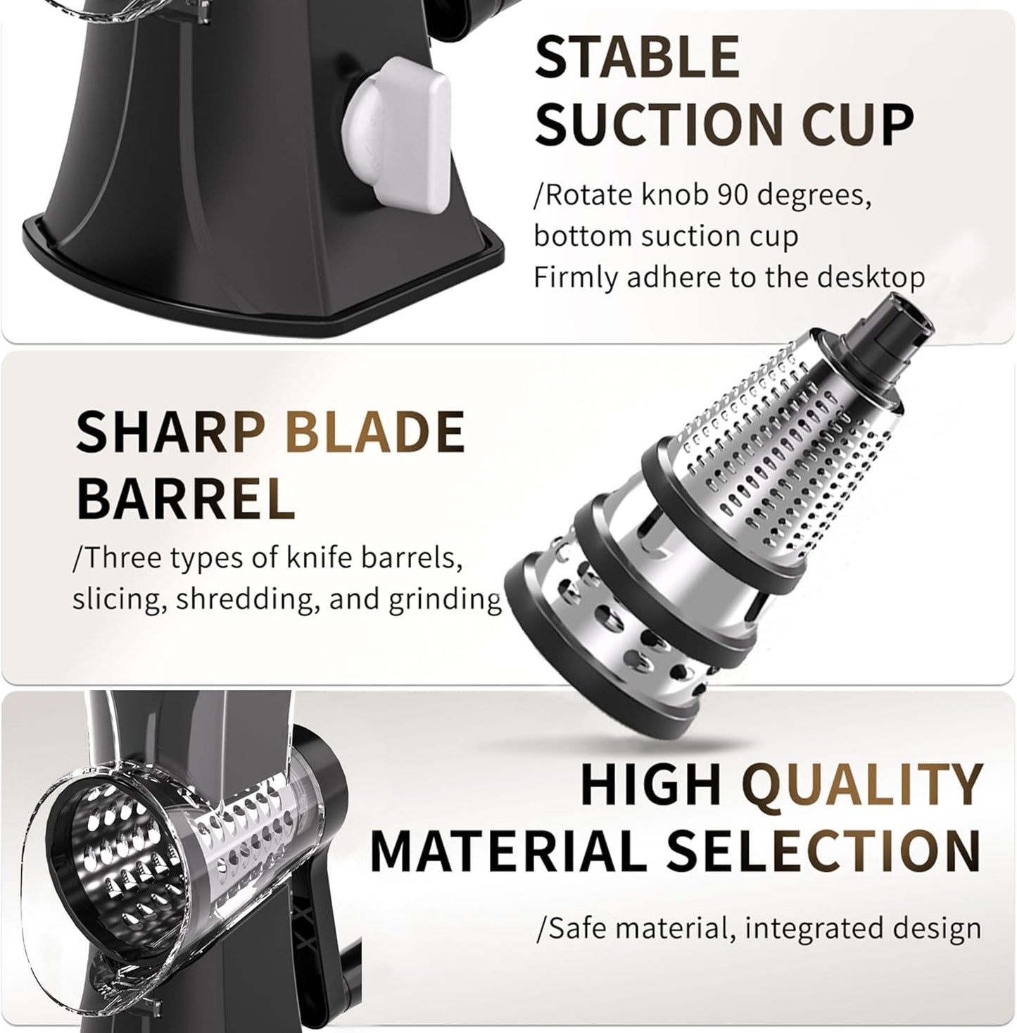 3-in-1 Rotary Cheese Grater Vegetable Slicer, 3 Interchangeable Blades Food Shredder with Anti-Slip Reinforced Suction Base, Kitchen Mandoline Chopper (Black)