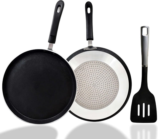 Aluminum Nonstick Crepe Pan, 12” Non Stick Skillet Pan for Egg Omelet Tortilla Tawa Dosa, Flat Frying Pan, Induction Compatible PFOA & PTFEs Free, Suitable for Gas Stovetop and Induction Base Cookware