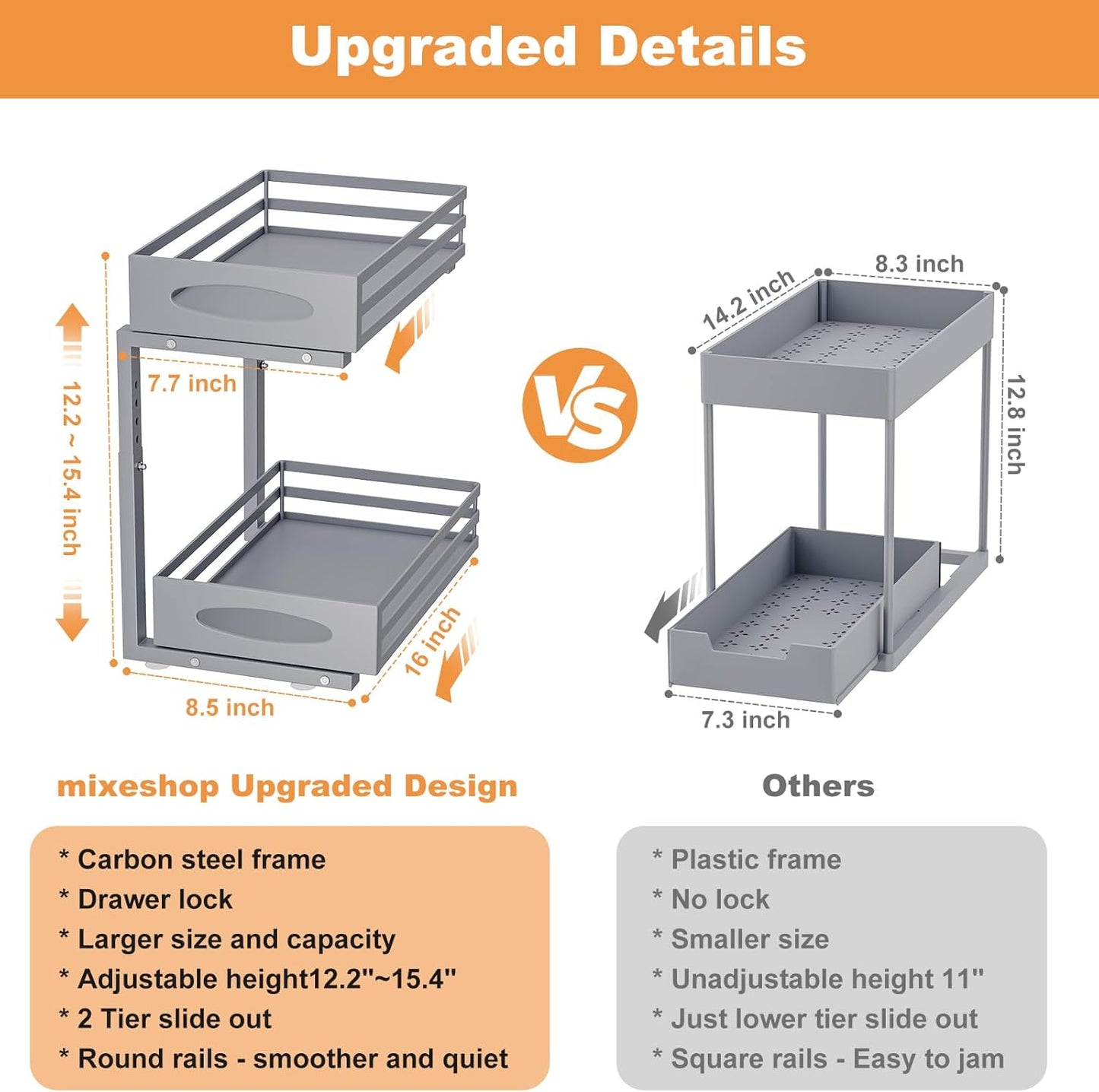 Under Sink Organizer, 2 Tier Under Sink Organizers and Storage, Adjustable Height, Slide Out Metal Cabinet Organizers, Pull Out Cabinet Storage Drawer Shelf for Kitchen Bathroom Gray, 1 Pack