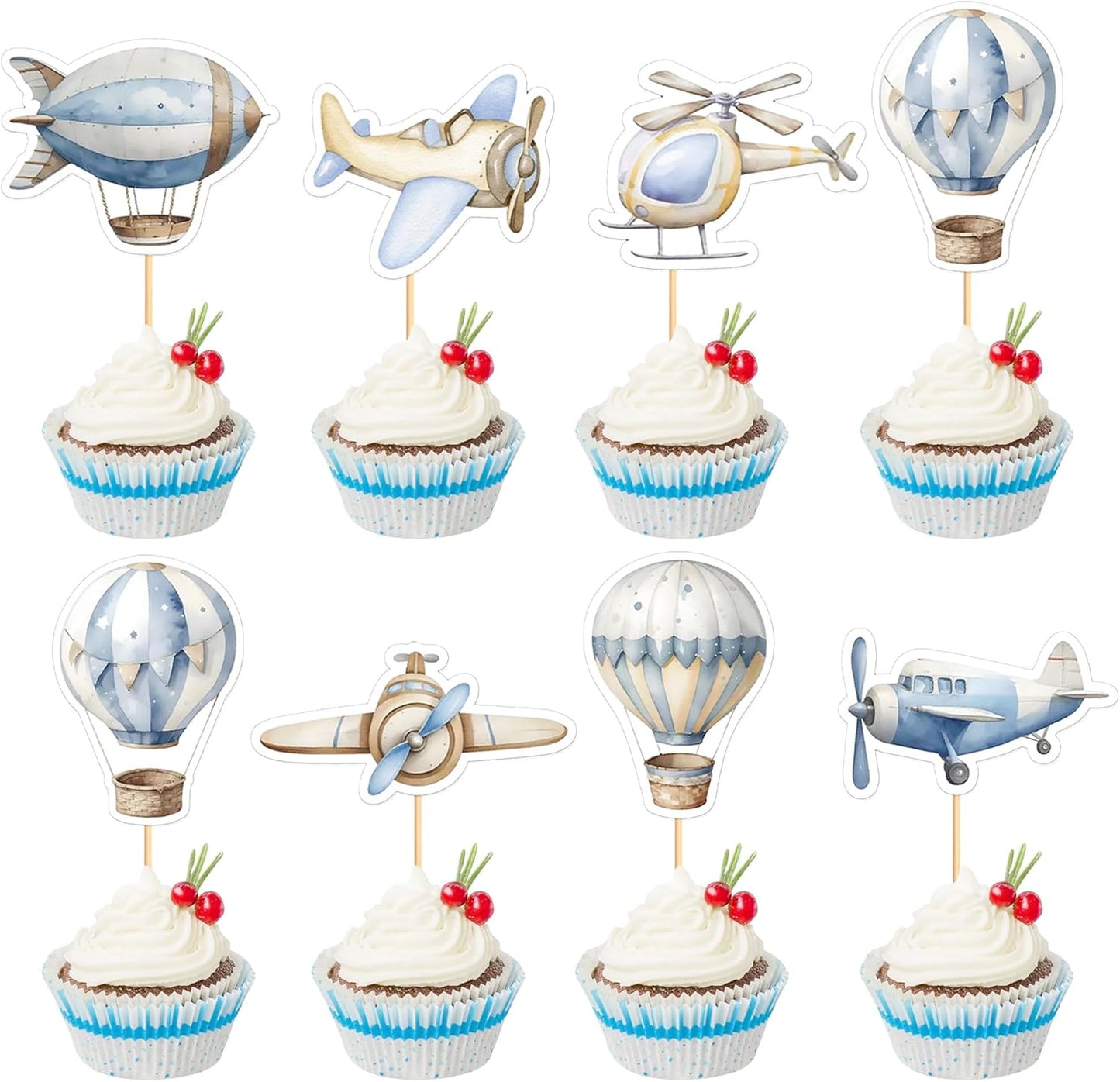 35PCS Airplane Cupcake Toppers Hot Air Balloon Helicopter Travel Themed Party Decorations Baby Shower Kids Boys Girls Birthday Party Cake Decorations Supplies