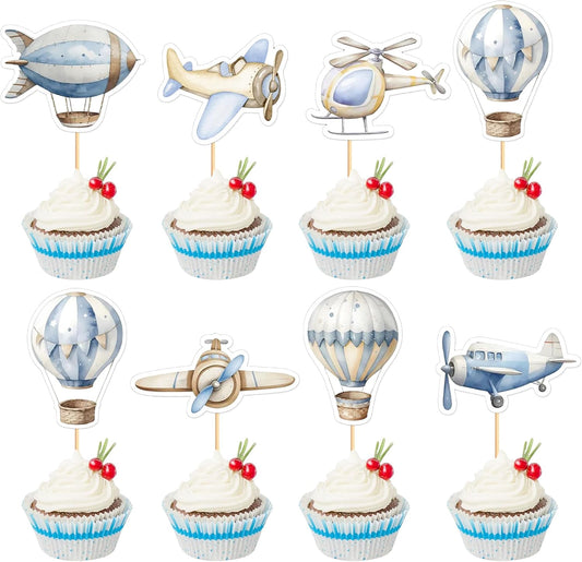 35PCS Airplane Cupcake Toppers Hot Air Balloon Helicopter Travel Themed Party Decorations Baby Shower Kids Boys Girls Birthday Party Cake Decorations Supplies