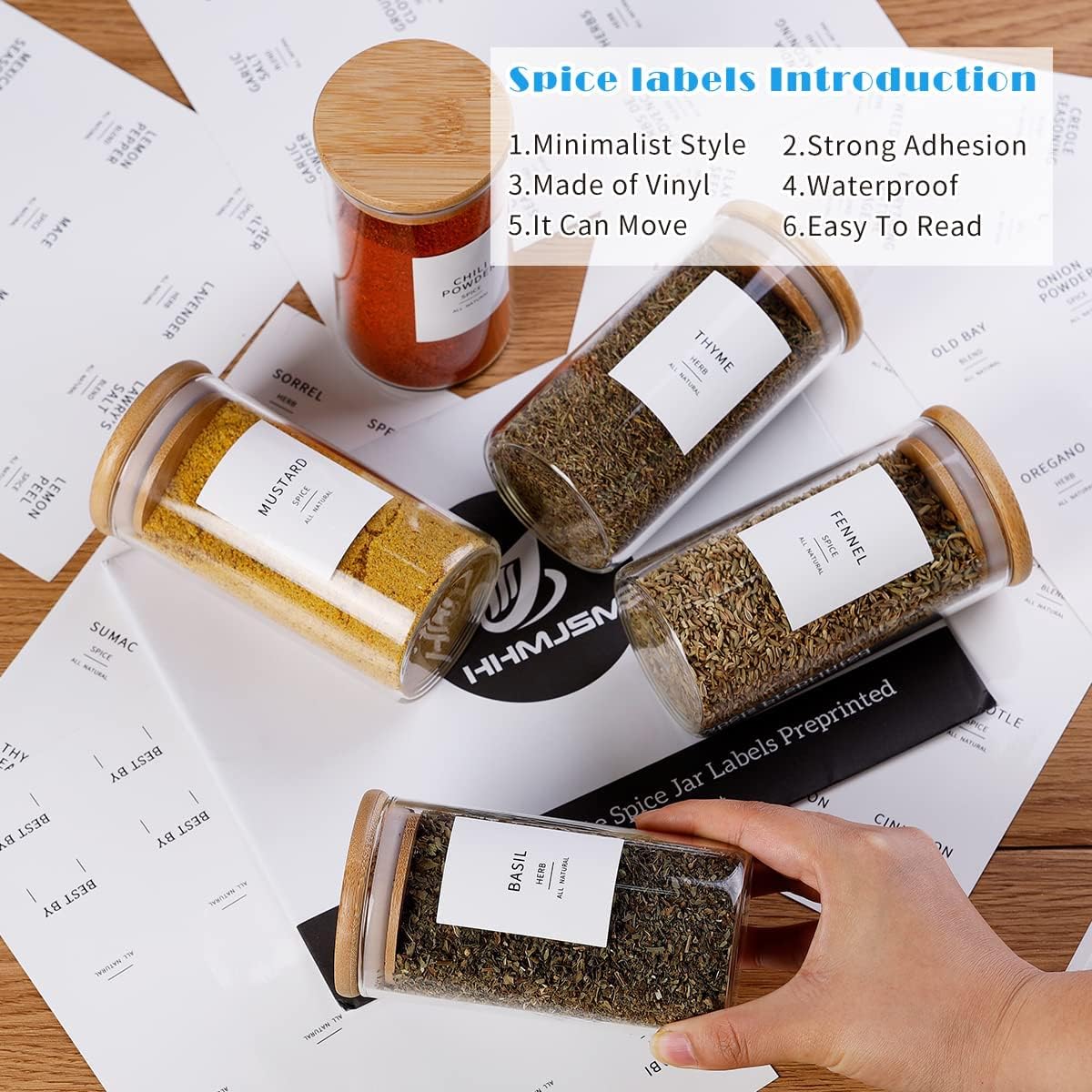 12 Pcs Glass Spice Jars With Bamboo Airtight Lids, 8oz Thicken(2.4mm) Spice Containers With 148 Minimalist Preprinted Waterproof Spice Labels, Kitchen Empty Small Storage Jars For Seasoning, Herb