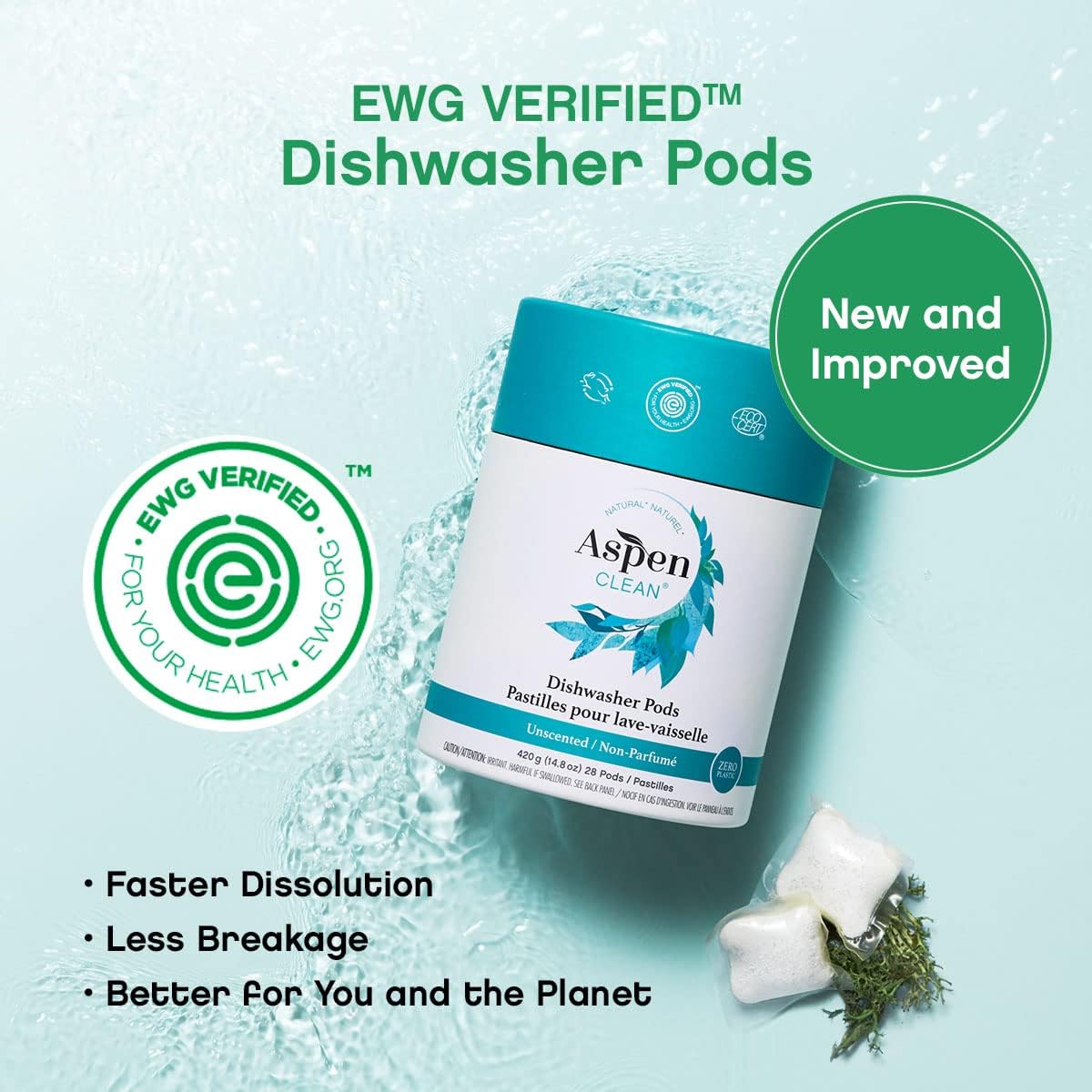 Unscented Dishwasher Pods by AspenClean, Dye-Free, Zero Plastic, EWG Verified™, Vegan, Eco-Friendly, Natural Dishwasher Detergent - 28 Count