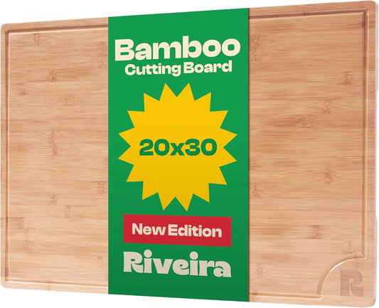 Riveira Brown Bamboo Wood Cutting Board – Gourmet Bamboo Grandeur: 20 x 30 Wooden Cutting Board – Wooden Cutting Boards For Kitchen Decorative – Innovative Juice Grooves Wooden Chopping Board
