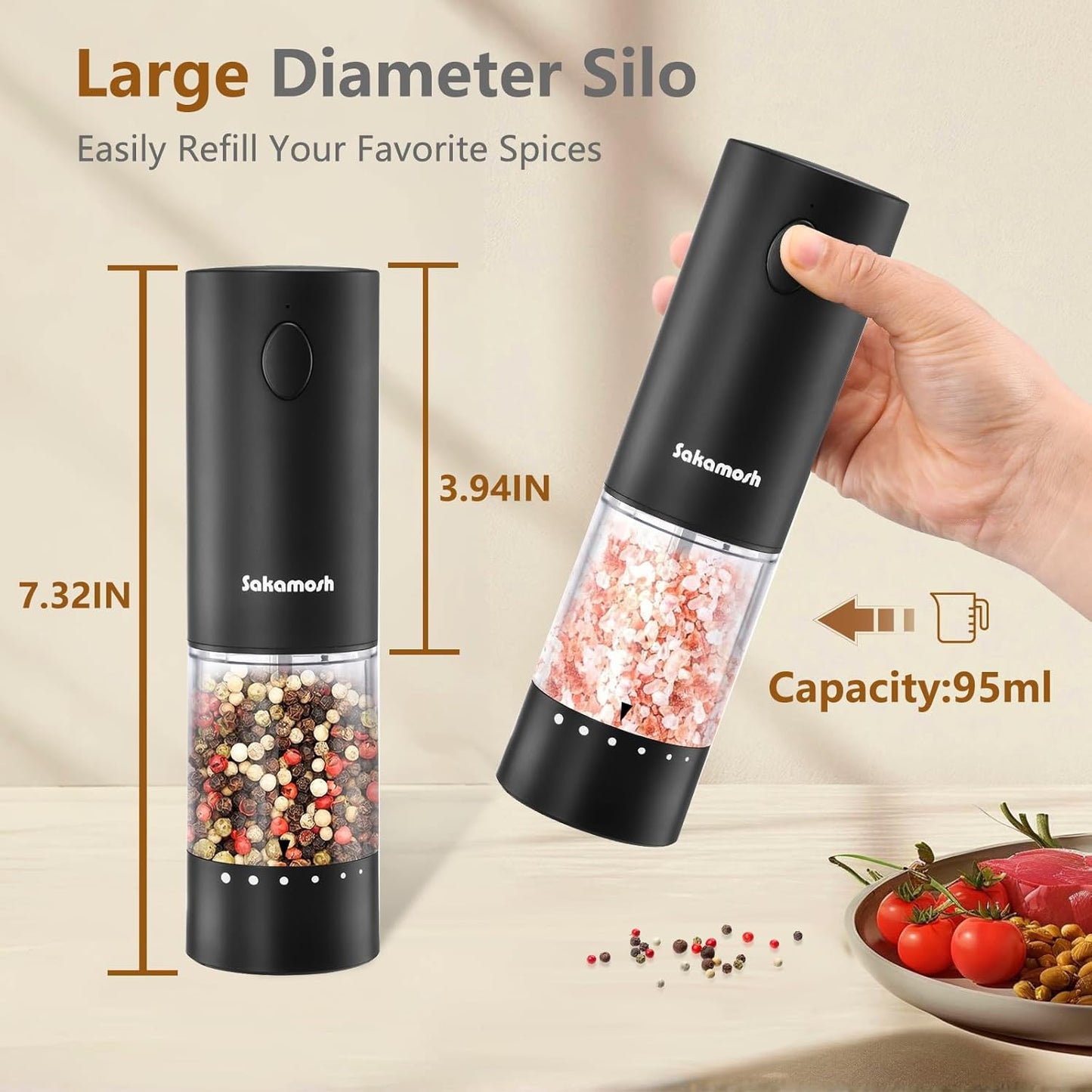 Electric Black Salt and Pepper Set with base, Rechargeable 6 External Adjustable Coarseness Automatic Pepper Mill Shakers, 95ml Large Capacity, One-Handed Operation 2 Pack