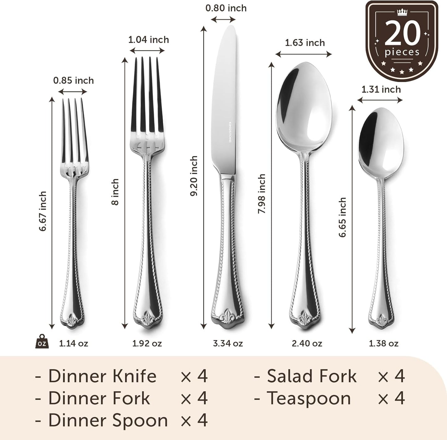 KINGSTONE Silverware Set, 20-piece 18/10 Stainless Steel Flatware Set Cutlery Set for 4, for Kitchen, Home, Wedding, Party, Mirror Polished and Dishwasher Safe, Featured Gifts