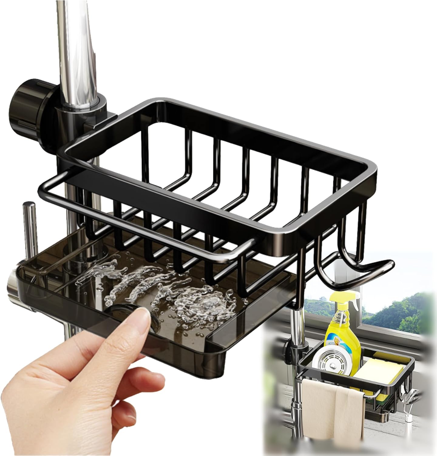 Sink Organizer Rack for Kitchen and Bathroom, 2024 New Stainless Steel Detachable Hanging Faucet Drain Rack with Drip Tray Faucet Sponge Holder for Bathroom (Black, Right)