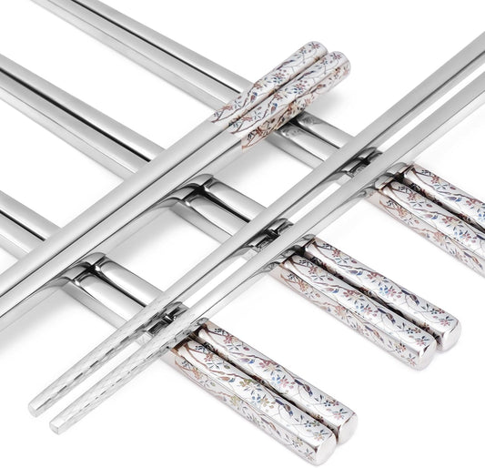 Stainless Steel Chopsticks, Titanium Plated Metal Chopsticks, 9.8" Premium Japanese Korean Color Laser Engraved Cooking Chop Sticks, Dishwasher Safe, Reusable, Anti-slip, Anti-scald, 2 Pairs Gift Set