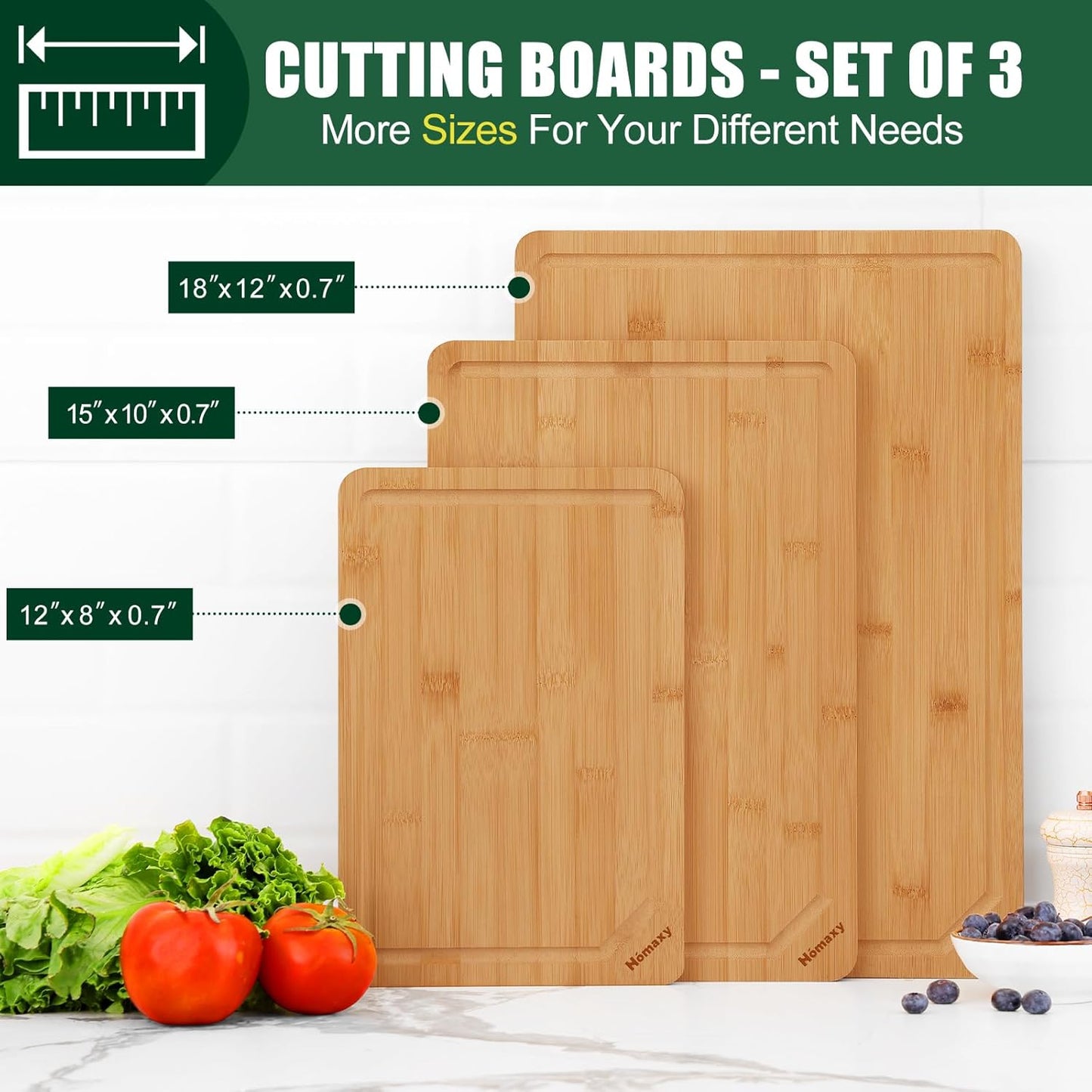 Homaxy Organic Bamboo Cutting Boards Set for Kitchen Set of 3, Wooden Cutting Board Set with Juice Groove and Handles, Charcuterie Serving Tray Wood Chopping Board Set for Meat Fruits & Vegetables