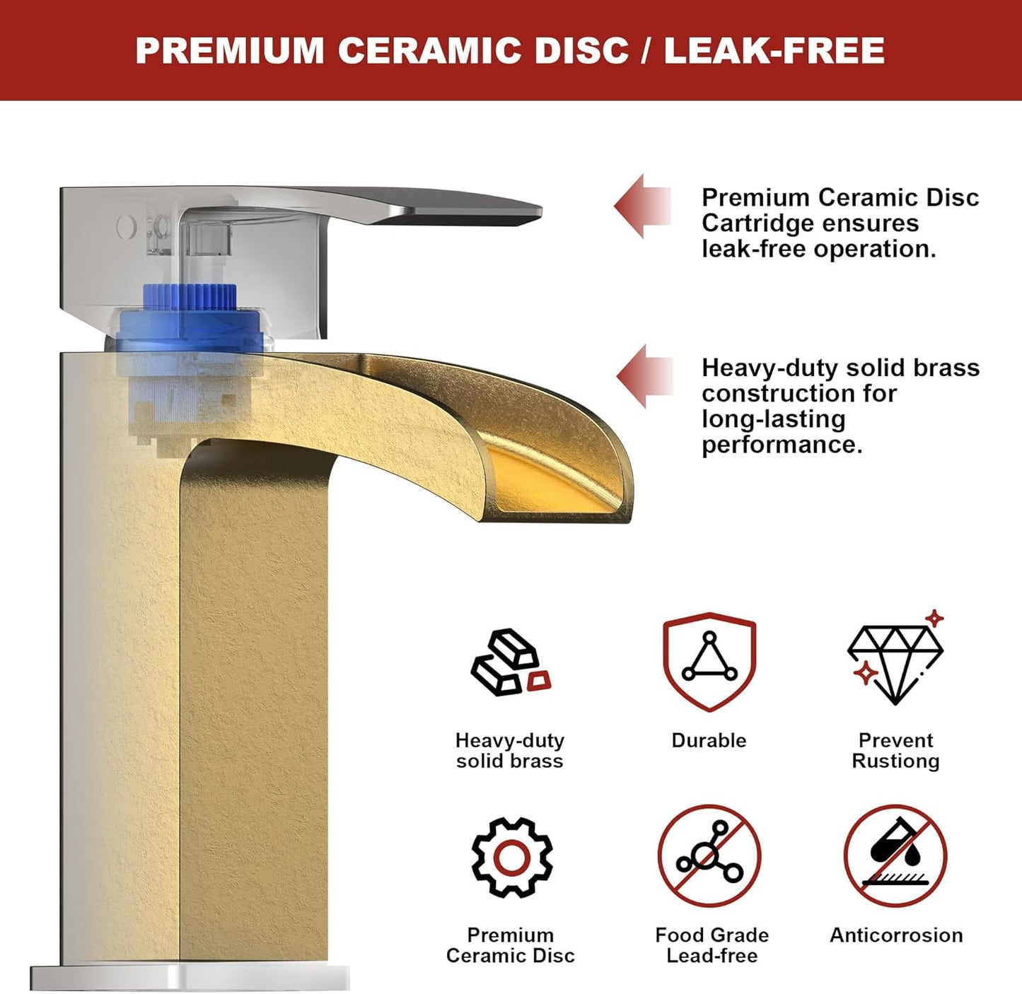 Brushed Nickel Bathroom Faucet Waterfall, Vanity Faucet Brass for Sink 1 Hole Single Handle Modern Mixer Tap with Pop-up Drain Stopper for Lavatory Farmhouse RV