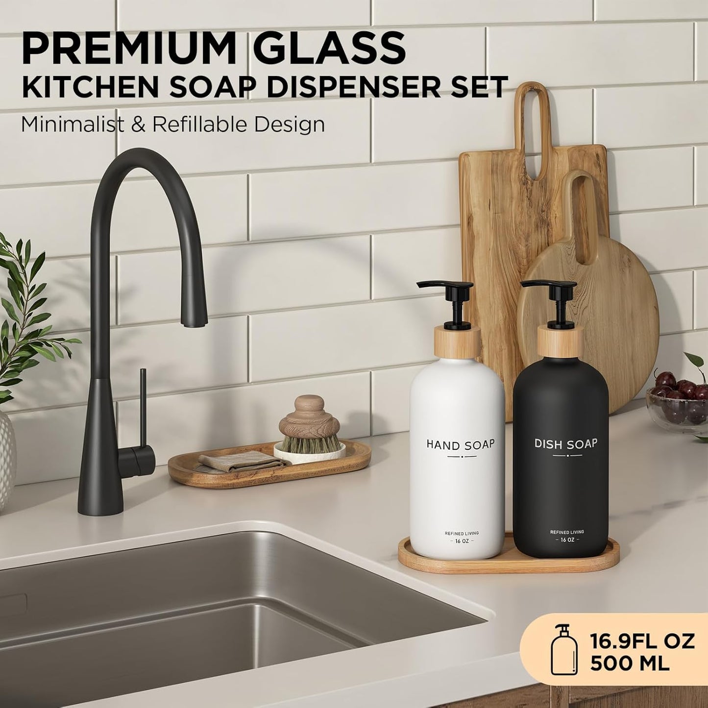Hand and Dish Soap Dispenser Set,16oz Glass Bottles with Printed Labels, Bamboo Tray & Pump,Countertop Soap Dispensers for Kitchen,Luxury, Minimalist & Farmhouse Decor (Hand Dish (Black/White))
