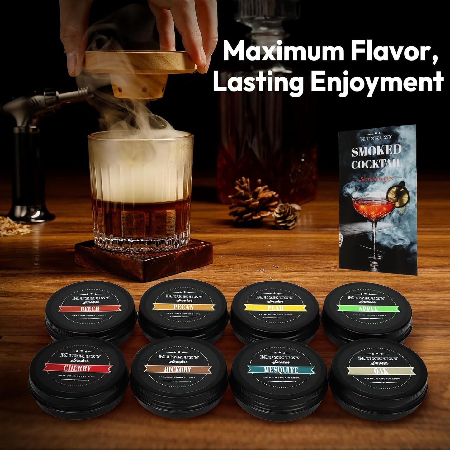 Cocktail Smoker Wood Chips Variety Pack - 8 Unique Flavors for Bourbon Whiskey Smoker Kit - Apple, Hickory, Cherry, Pear, Oak, Pecan, Beech, Mesquite, Perfect for Gift for Whiskey Lover & Home Bar