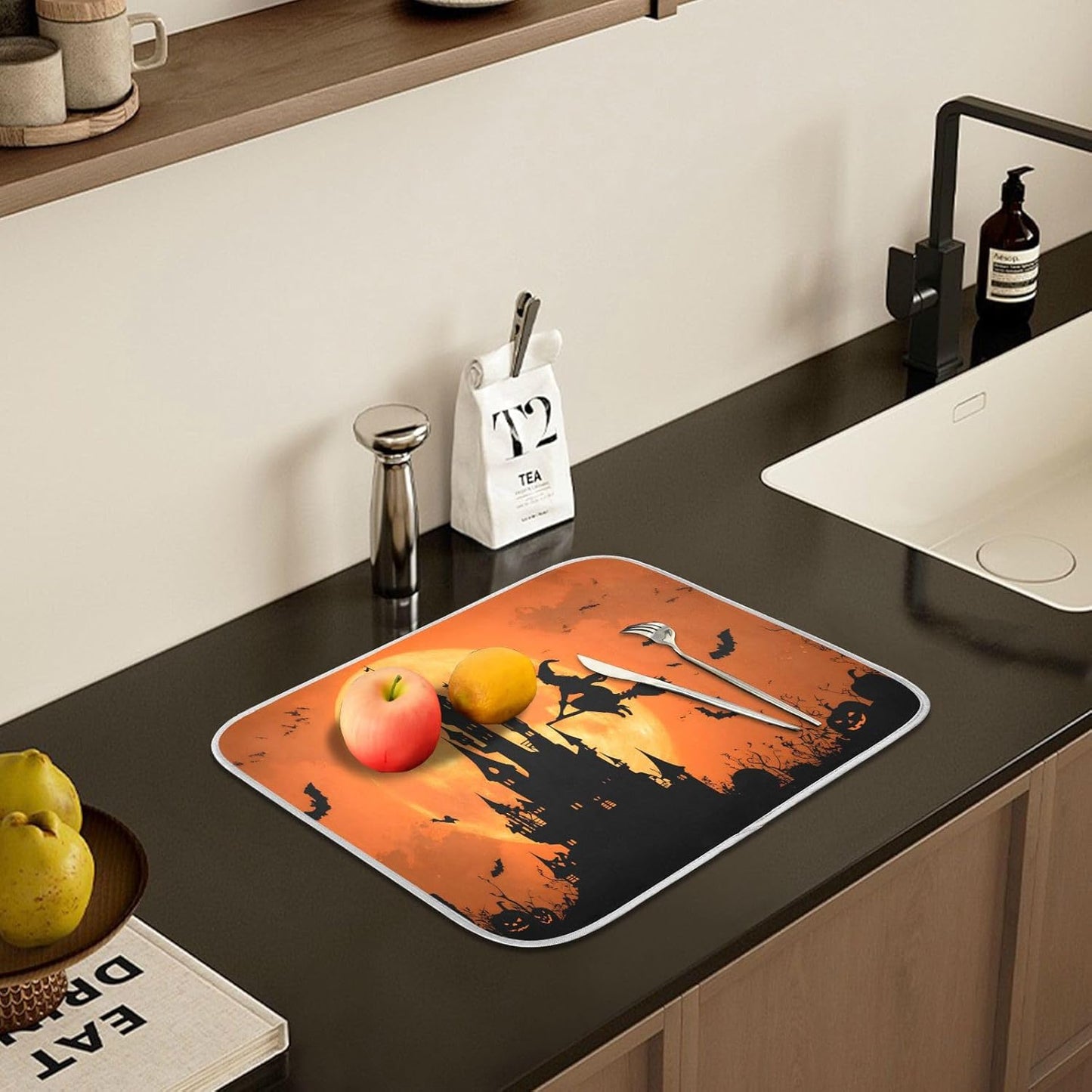 Halloween Witch Bat Castle Pumpkin Dish Drying Mat for Kitchen Counter Absorbent Microfiber Large Drying Pad Dish mats for Kitchen Countertops 18 x 24 Inch