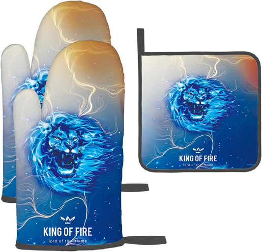 Orange Blue Oven Mitts and Pot Holders Sets of 3 Heat Resistant Funny Hot Pads Lion Oven Gloves for Kitchen Cooking BBQ Baking