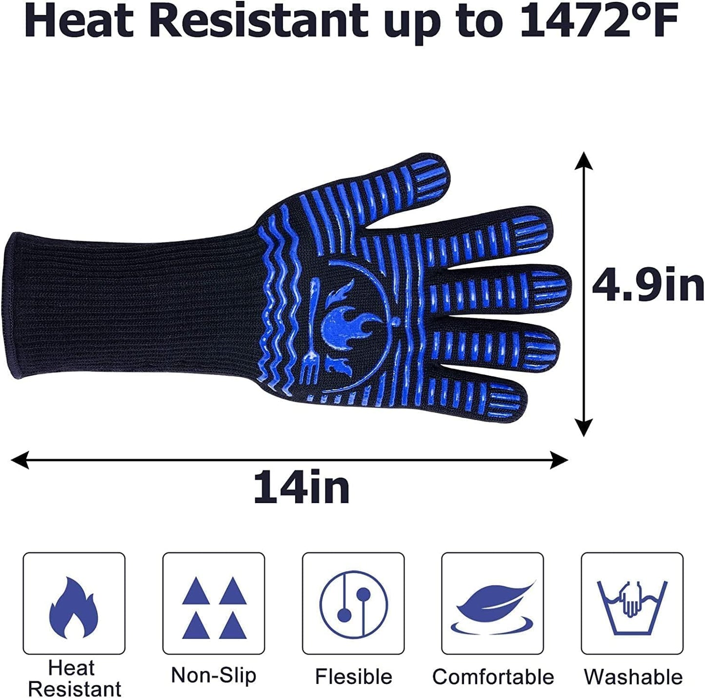 BBQ Gloves, 1472°F Extreme Heat Resistant Grill Gloves, Non-Slip Food Grade Silicone Oven Mitts Gloves for Kitchen, Cooking, Barbecue, Baking, Smoker (14inch)