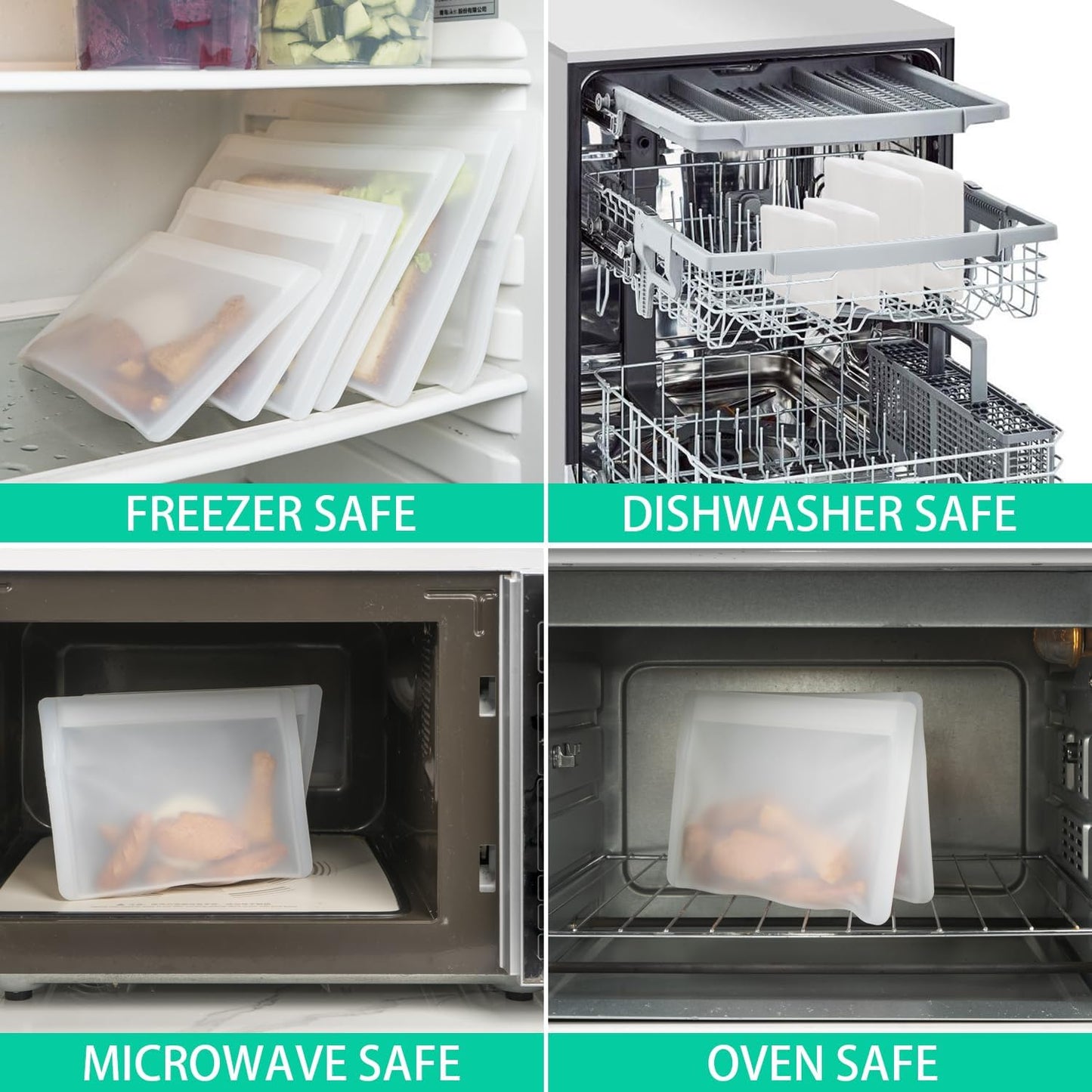 Reusable Sandwich Bags & Snack Bags Set, 8 Pack, 100% Silicone Reusable Storage Bag, Soft Shell Ziplock Silicone Food Storage Containers, Freezer Microwave Oven Dishwasher Safe, Translucent