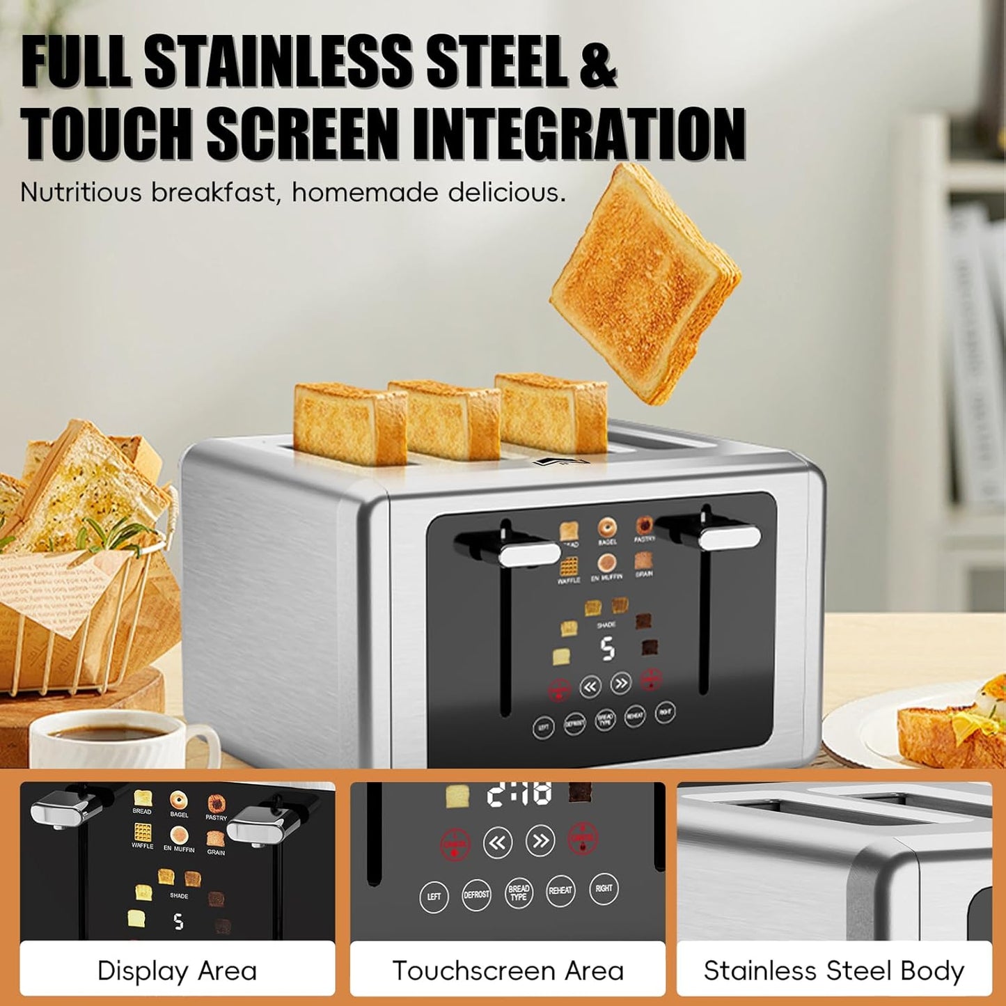 4 Slice Toaster, Touchscreen & Dual Independent Control Panel，5 Basic Functions & Digital Countdown Toasters, 6 Shade Settings＆6 Bread Types, Smart Bread Maker Mute/Screen-Off,Platinum