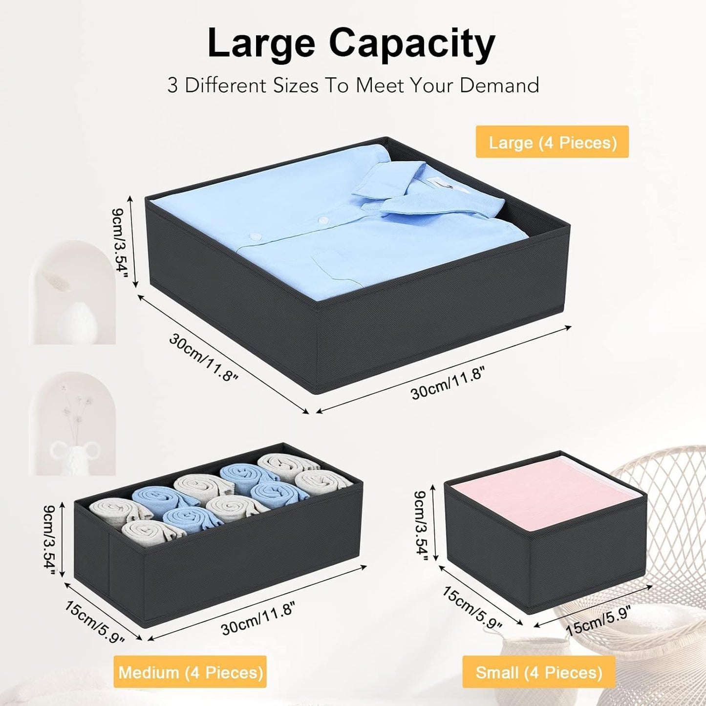 DIMJ Drawer Organizer 15 Pack - Foldable Baby Organizers and Storage & Dresser Organizer for Nursery, Bedroom, Closet - Nursery Organization Dresser Dividers for underwear, Sock,Bra, Belt, Tie，Black