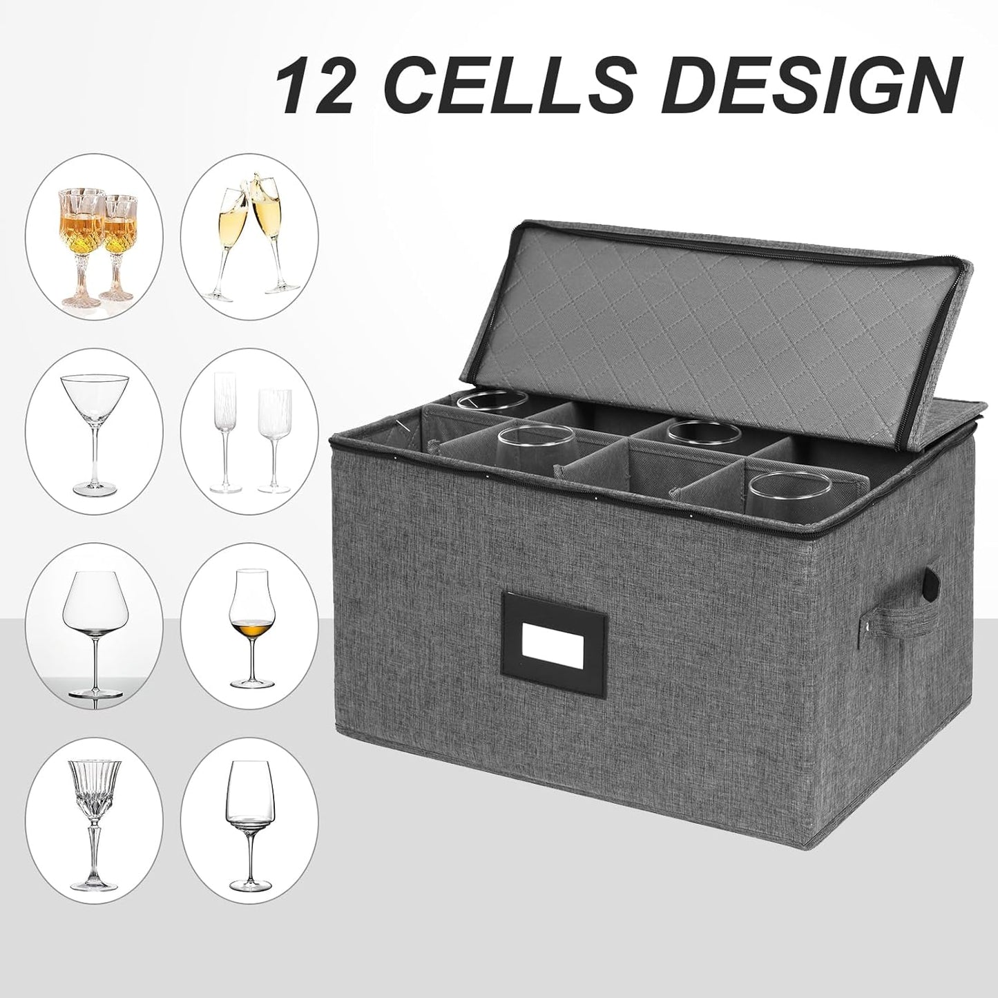 Mayniu Wine Glass Storage Box 2 Pack, Stemware Storage Containers Cases, Glassware Storage for 24 Crystal Glasses, Hard Shell Top Sides Bottom and Stackable (17'' x 13'' x 10'', Black)