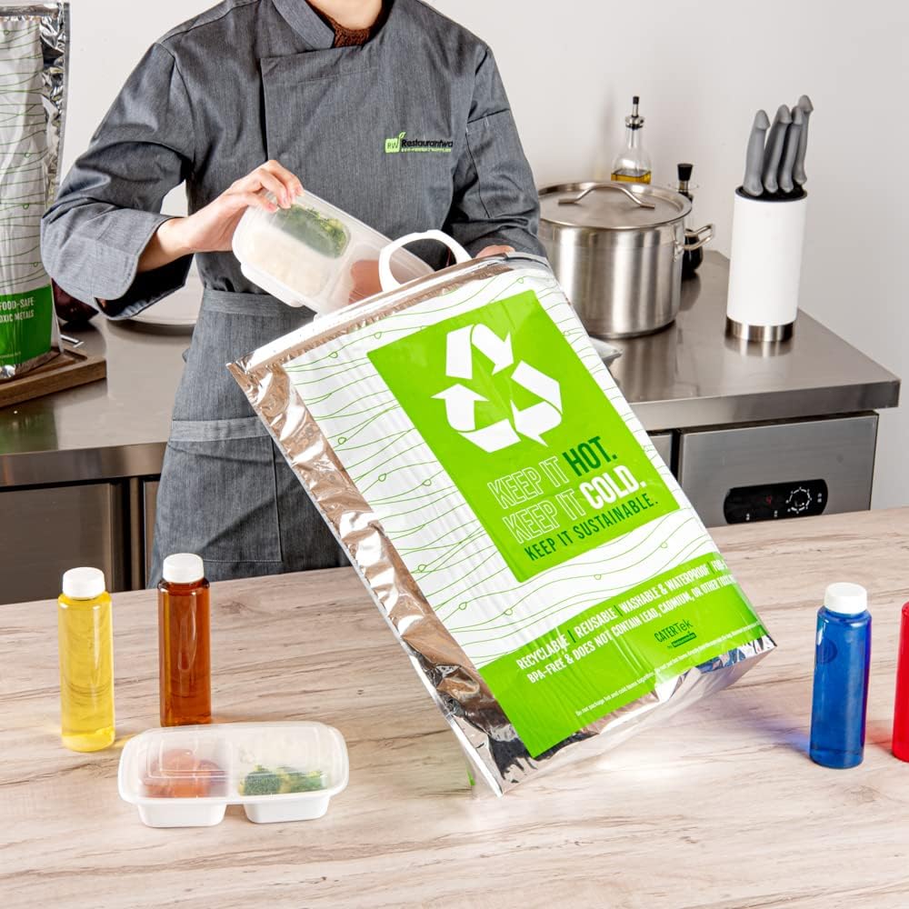 Restaurantware Cater Tek 20.1 x 7.1 x 20.1 Inch Hot And Cold Bags 10 Triple Layer Insulated Bags - Snap Lock Handles Waterproof Green & Silver Plastic Thermal Lunch Bags For Frozen & Hot Items