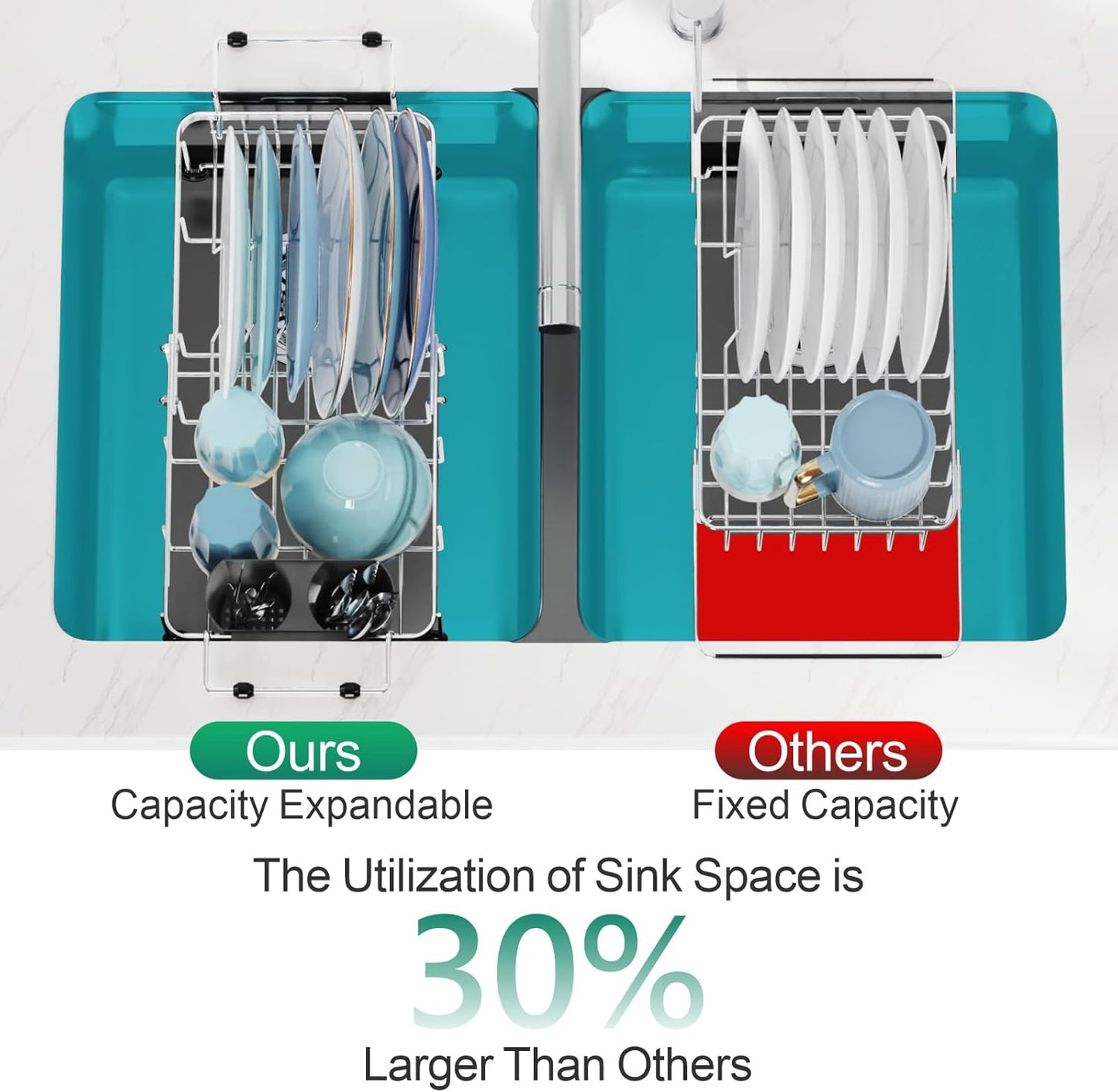 GSlife Small in Sink Dish Drying Rack - Stainless Steel Capacity Expandable Dish Drainer with Utensil Holder for Counter or Inside Sink, 11.9“-16.7” L x 9" W x 5.7" H, Silver