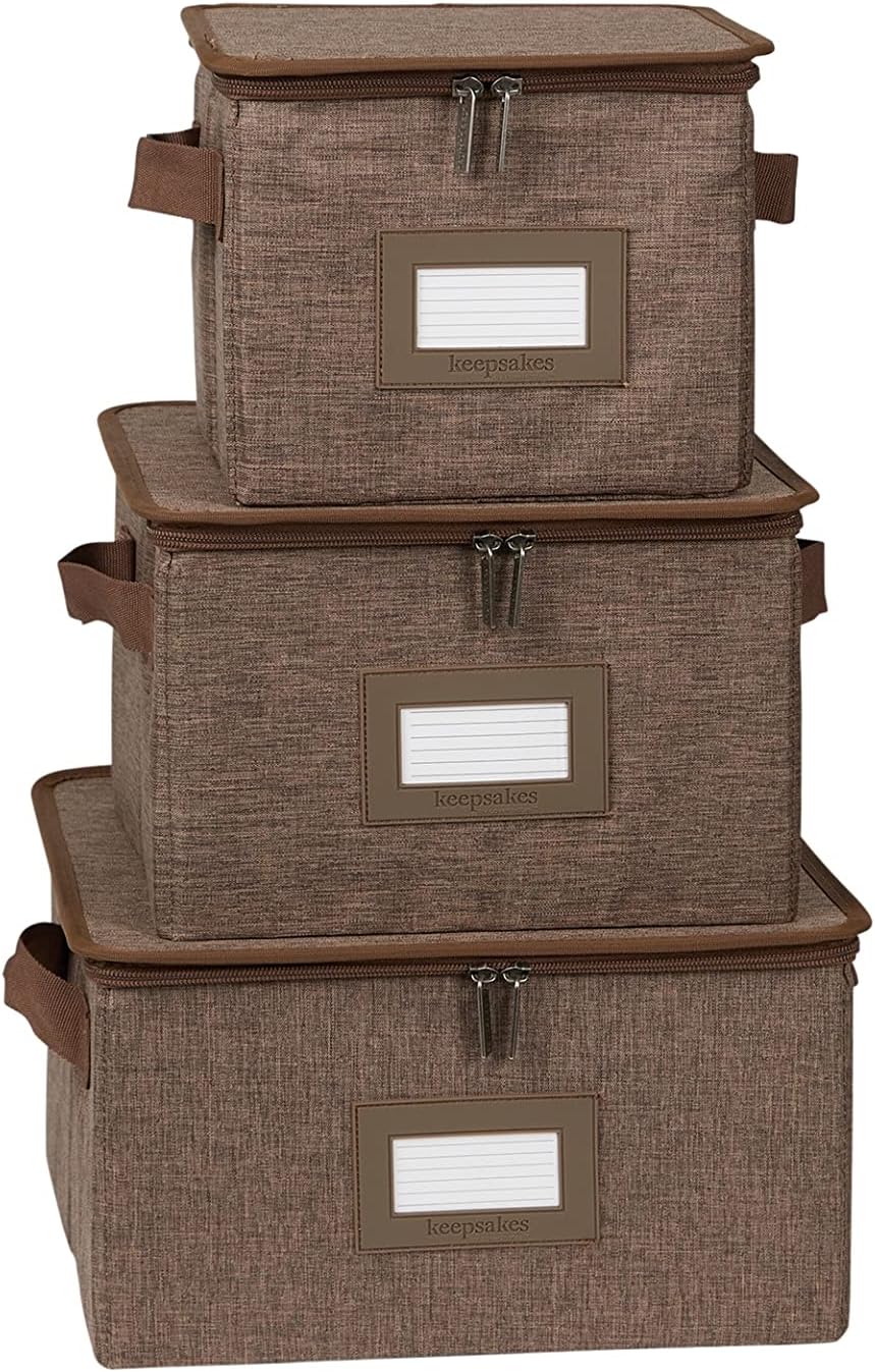 Covermates Keepsakes Dish Storage Box - Stackable, Reinforced Handles, China Storage, Brown Heather