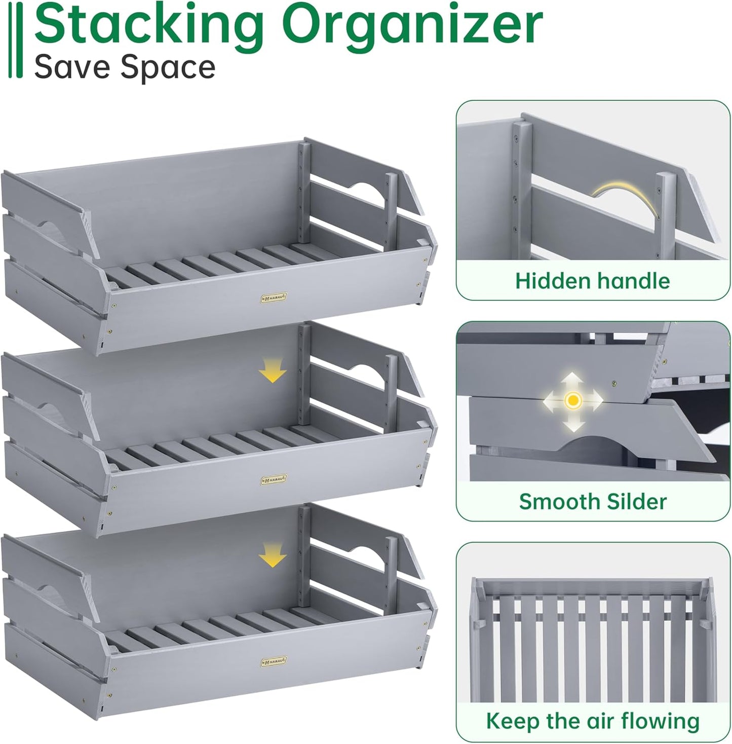 HABAU Wood Potato Onion Storage Bins - Wooden Stackable Produce Basket - Fruit Vegetable Storage for Kitchen Pantry Organization, Set 3 Pieces