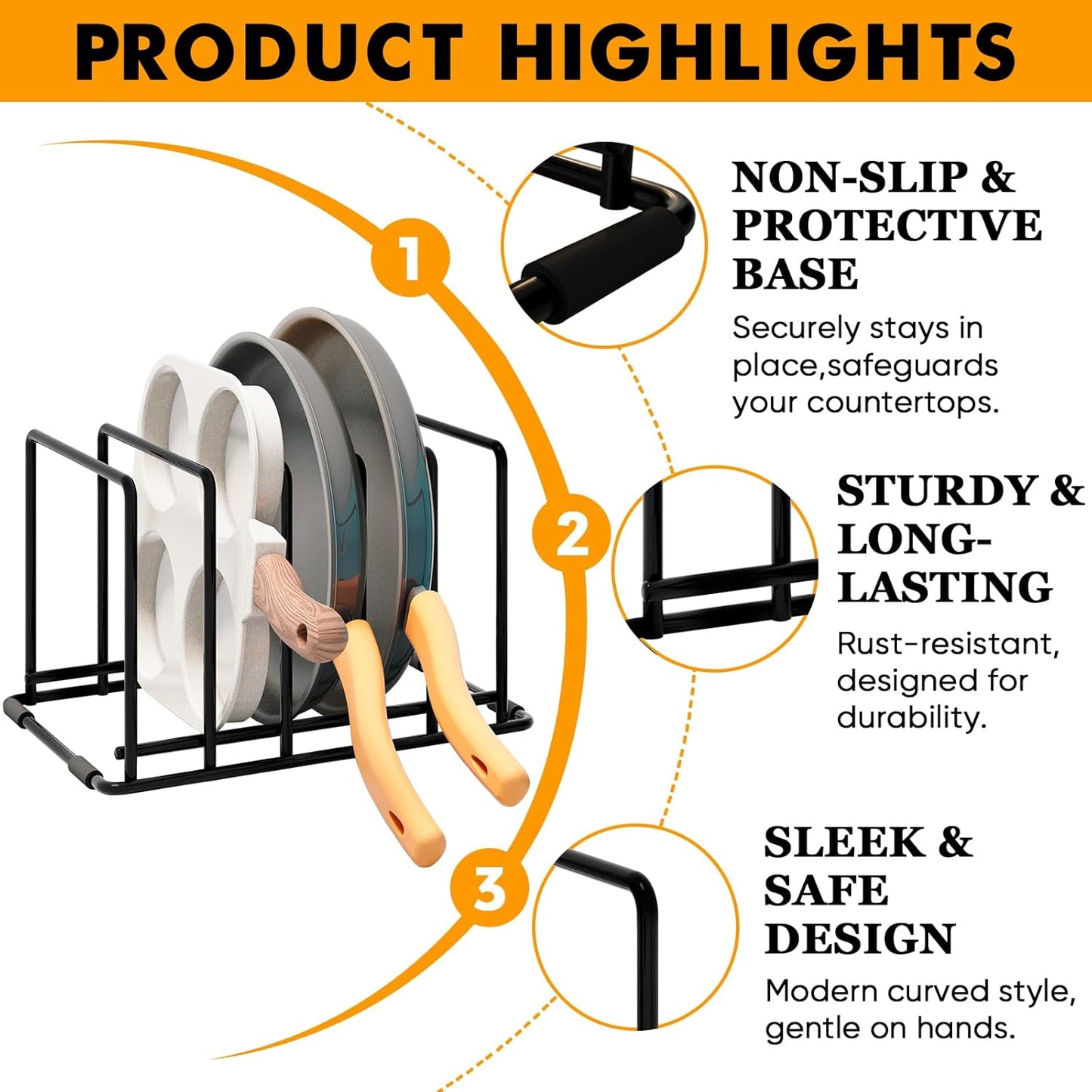 Kitchen Pan Organizer and Pot Rack, 5-Slot Steel Holder for Thin Pans, Baking Trays, and Cutting Boards - Space-Saving Storage