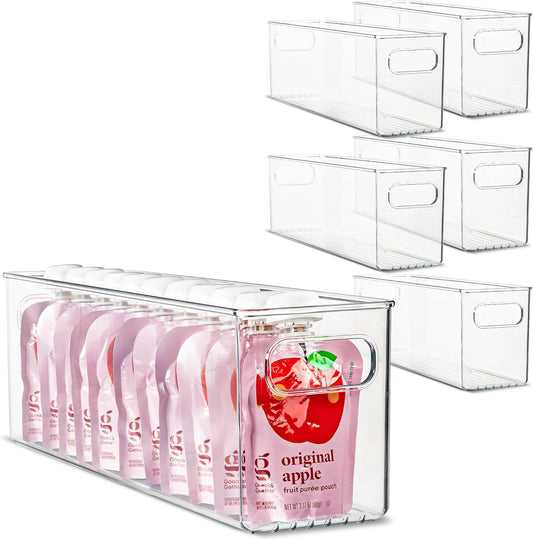 Plastic Food Storage 6 Pack Clear Container Bin with Handles for Organizing Kitchen, Pantry, Fridge, Freezer, Pantry,Bathroom. 16"x4"x5"