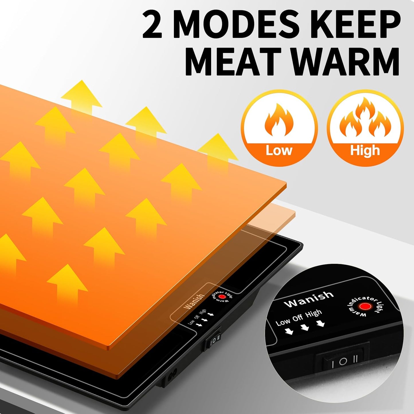 Electric Warming Tray（Large 22”x14”），Food Warmer with Thermostat and Full Surface Heating，Food Warming Mat with 2 Temperature Modes for Parties Buffet，Gatherings，Heat Resistant Glass，Black