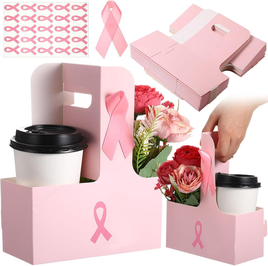 TaoBary 25 Set Breast Cancer Awareness Gifts 2 Cup Drink Carrier with Handle Pink Portable Foldable Tray Drink Holder Breast Cancer Gifts for Woman Disposable Coffee Cup Holder with Pink Ribbon