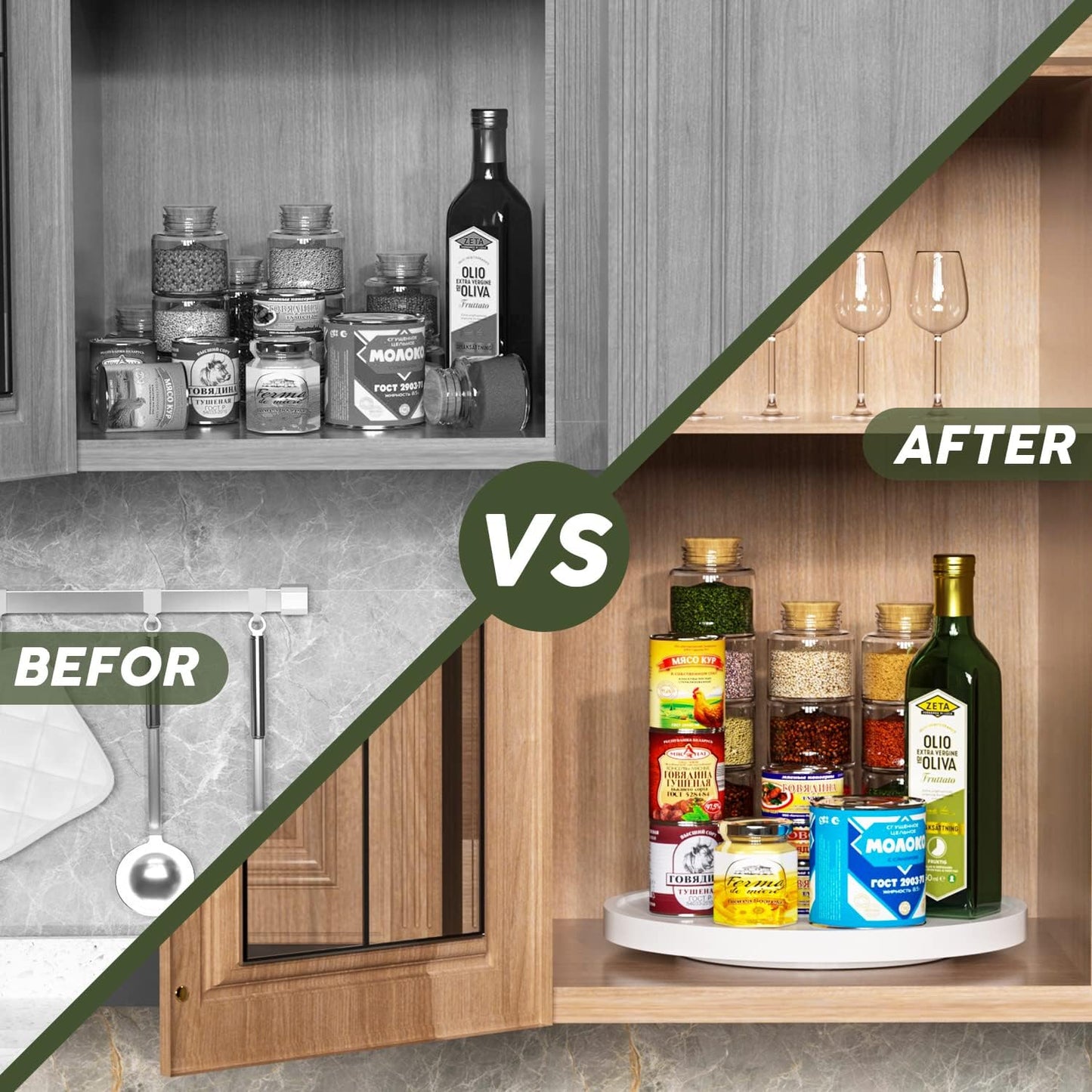 White Lazy Susan for Table, 12 Inch Non-Skid Bamboo Turntable Organizer for Salt Pepper Spices and Olive Oil Next to Stove, Wooden Lazy Susan Organizer for Kitchen Countertop Organizer