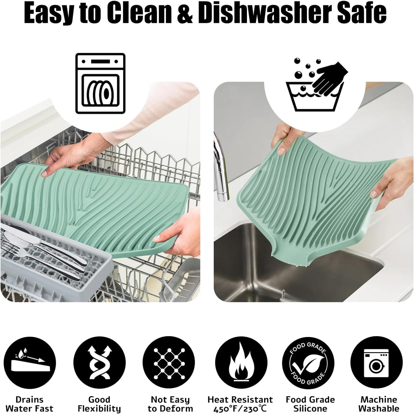 Dish Drying Mat, Stone Drying Mat for Kitchen Counter with Built-in Drain, Non-Slip Drying Matt Kitchen Counter, Heat Resistant Silicone Drying Mat, Dish Drying Pad, 2 Pcs (Mint 19.7" x 17")