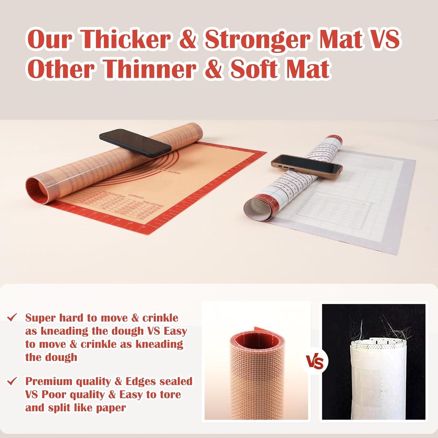 Non-slip Silicone Pastry Mat Extra Large with Measurements 16''By 26'' for Silicone Baking Mat, Counter Mat, Dough Rolling,Oven Liner,Fondant/Pie Crust By Folksy Super Kitchen Red