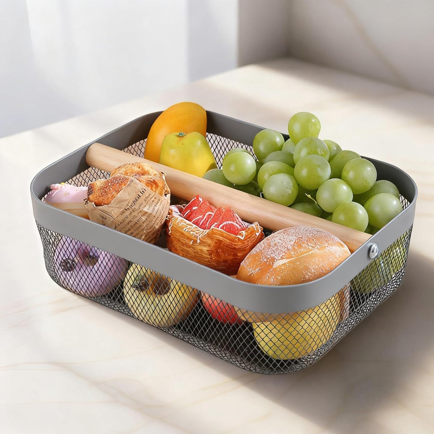 Metal Mesh Steel Storage Basket, Garden Harvest Wire Organizer Basket Multi-functional Kitchen Fruit Basket with Wooden Removable Partition & Handle for Bathroom Picnic Decor Cabinet, Grey