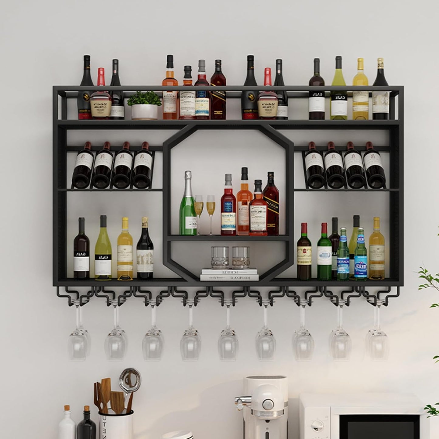Wall Mounted Wine Rack, 3-Tiers Metal Bar Bottle Holder, Modern Wine Glass Storage Display Shelves, Wall Wine Rack for Kitchen Bar Dining Rooms Decoration ﻿ (Black, 63in/160cm)