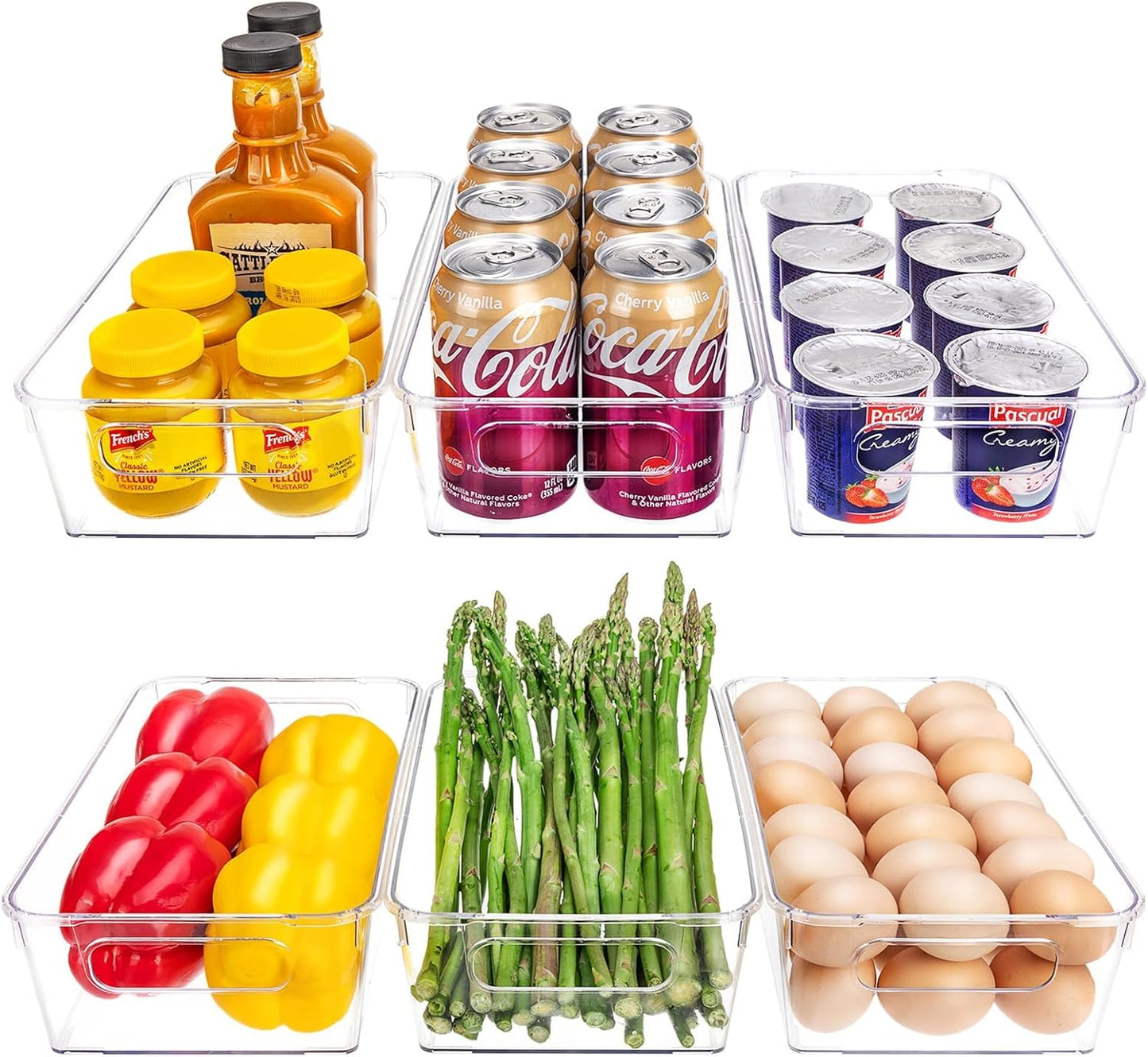 HOMER Set of 6 Refrigerator Organizer Bins, Pantry Organization and Storage Bins, Fridge Organizers with Cutout Handles, Clear Plastic Storage Bins for Pantry - BPA Free Kitchen Organizers