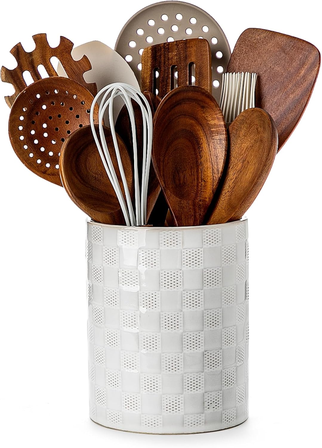 Nucookery 6.4'' Utensil Holder - Ceramic Utensil Holder for Kitchen Counter, Large Capacity Countertop Storage, Farmhouse Style Utensil Crock Organizer for Spoons, Spatulas & Cooking Tools