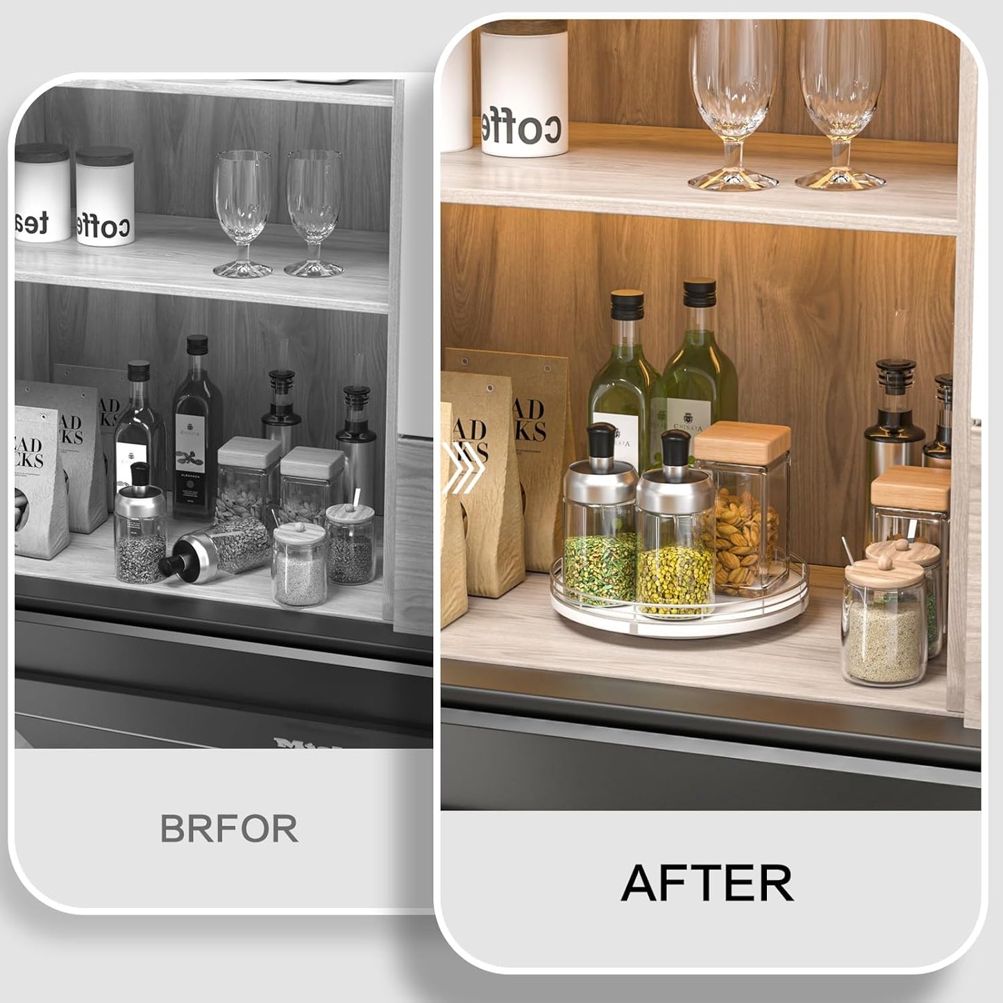 9" Oak Wood Lazy Susan Organizer, Lazy Susan for Cabinet Dining Table Pantry Wood Turntable Organizer Tray for Coffee Table Kitchen Countertop Salt Pepper Spice Organization and Storage Round Silver