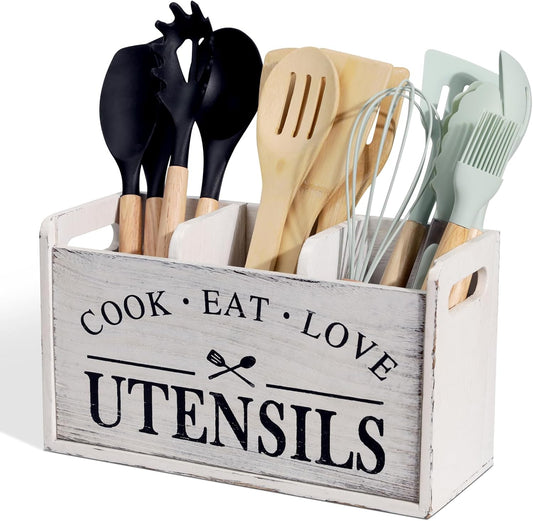 Farmhouse Cooking Utensils Organizer - Solid Wood Countertop Utensil Holder, 3 Compartment Spoon Holder for Kitchen Decor (White)